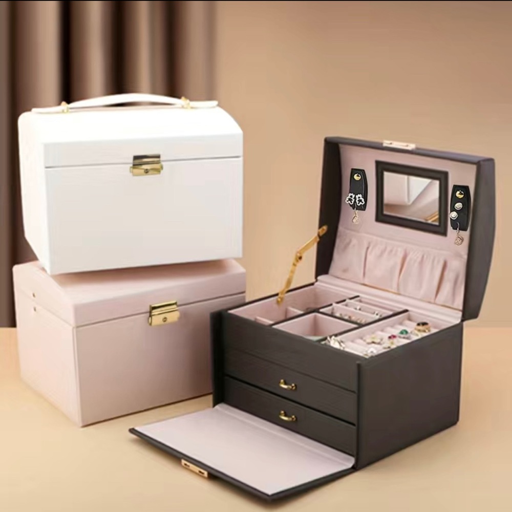 Portable Large Three-layer Multifunctional Jewelry Storage Box With Mirror
